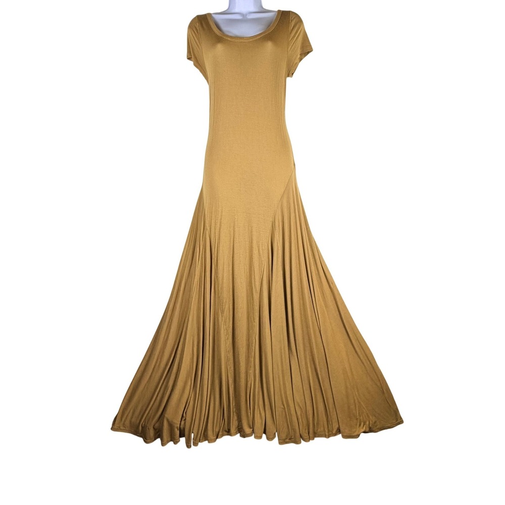 VTG Polo Ralph Lauren Mustard Tan Viscose Short Sleeve Godet Maxi Dress L
